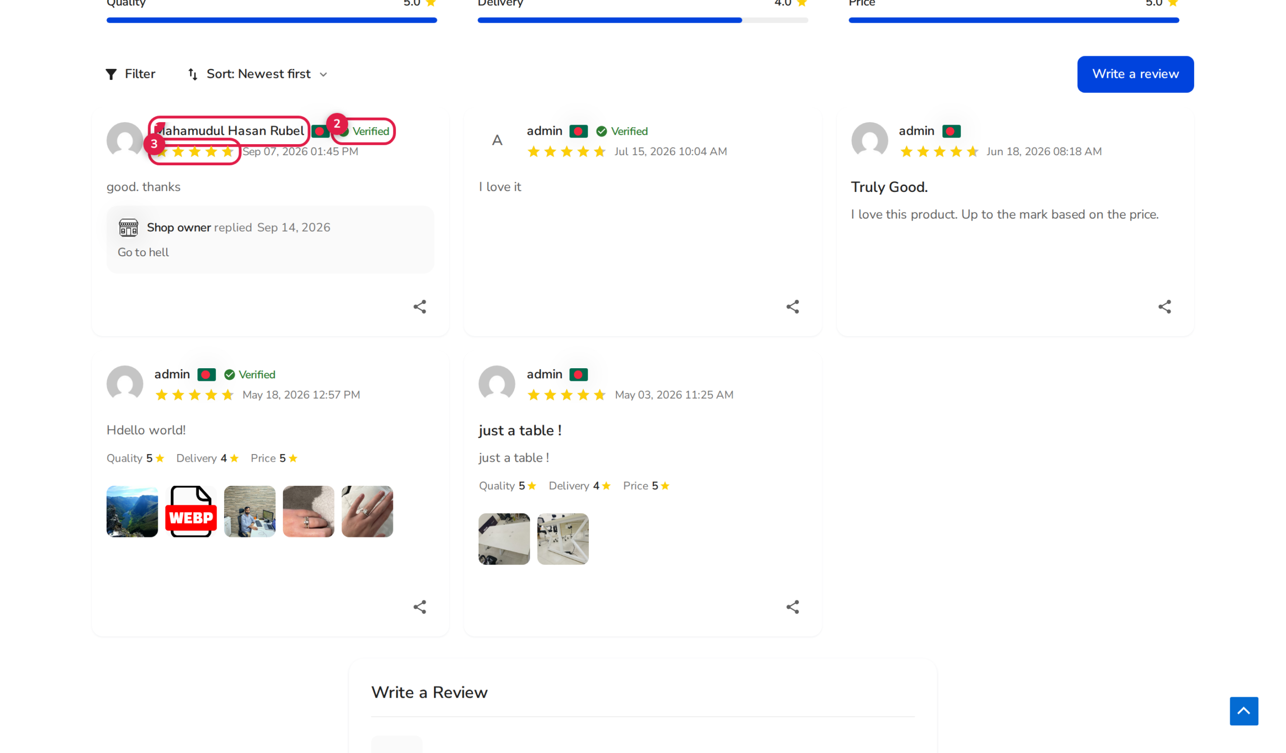 ReviewX Storefront Product Review Card with Verified Owner Badge and Author Name