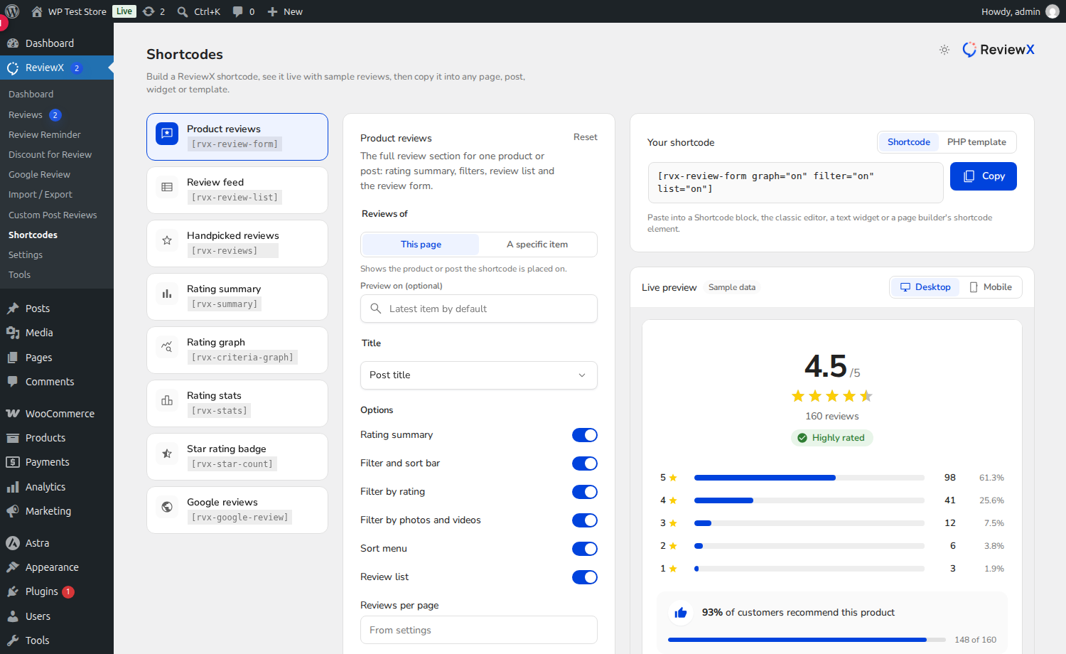 ReviewX Woo Reviews All-in-One Shortcode Settings and Preview
